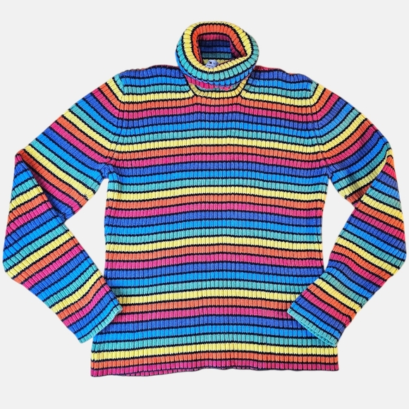 Vintage Tommy Hilfiger Ribbed Turtleneck Sweater Rainbow Stripe Black Size L π - Picture 2 of 8